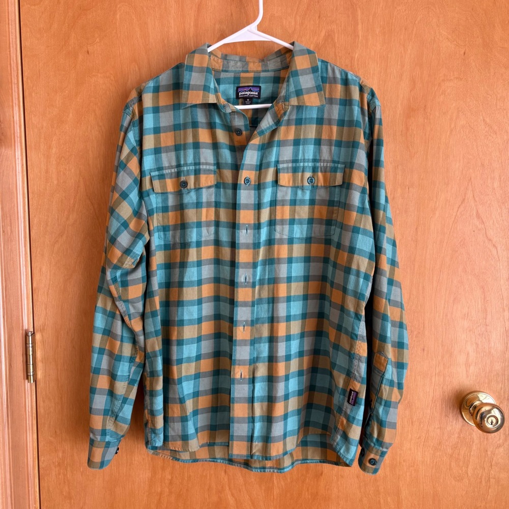 Patagonia Button Down Shirt Mens M Teal Yellow Plaid‎ Organic Cotton 53856 FA15